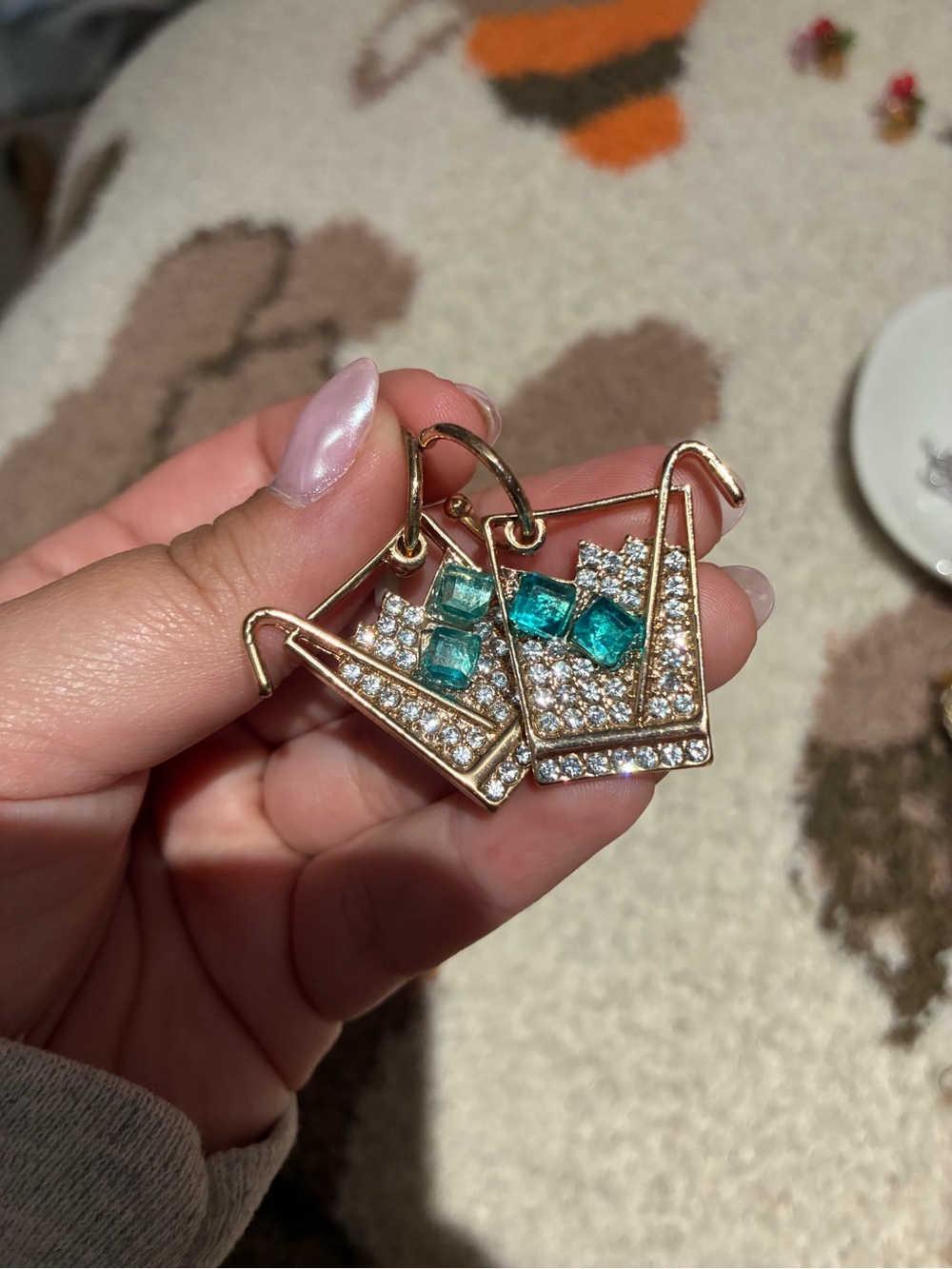 BaubleBar Cocktail Glass Rhinestone Drop Earrings Teal Gold Statement